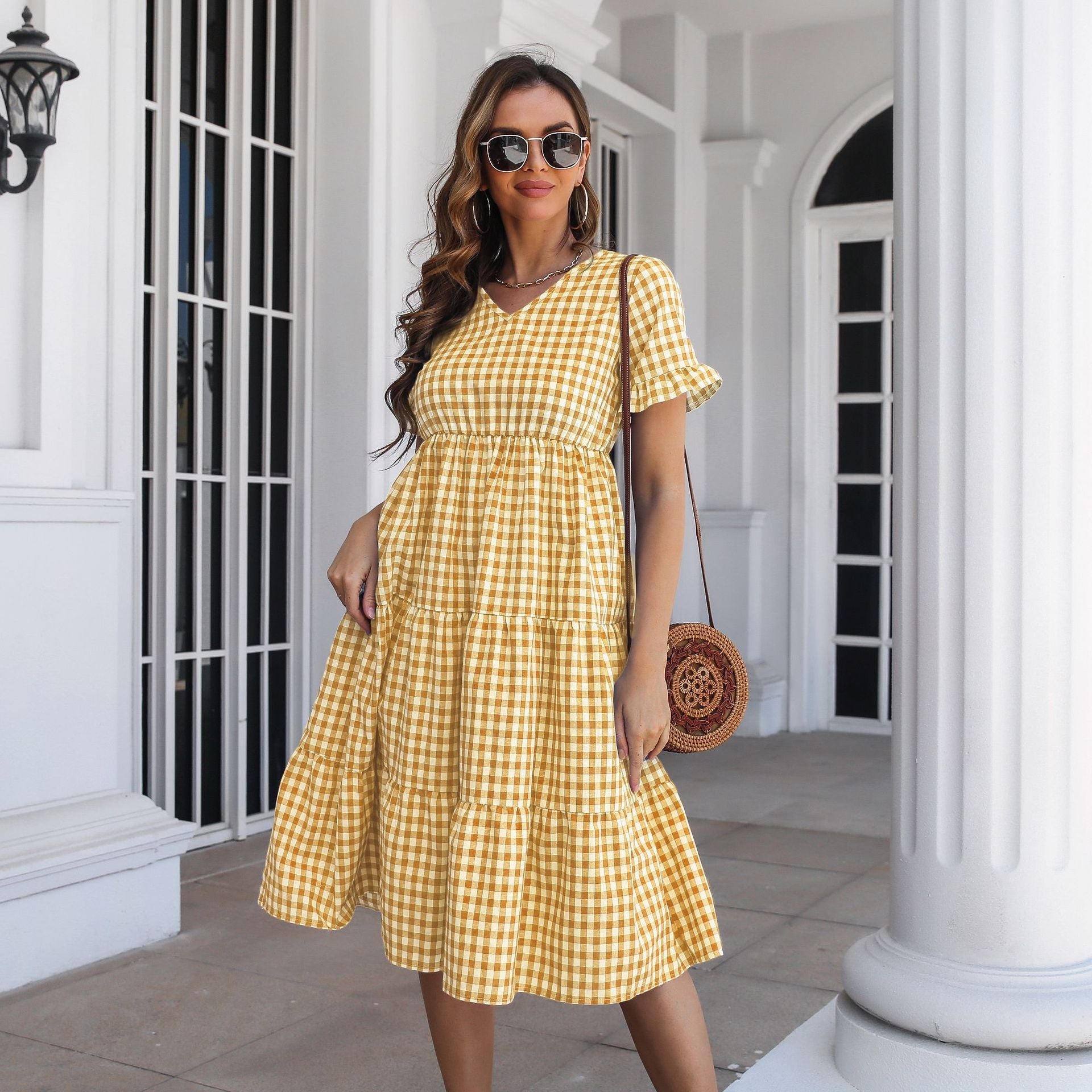 Checked Midi Dress with Tiered Skirt and Short Sleeves - THEONE APPAREL