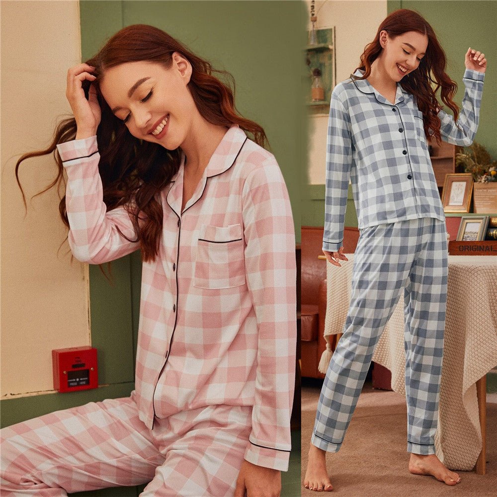 Checkered Pajama Set with Long Sleeve Shirt and Pants - THEONE APPAREL